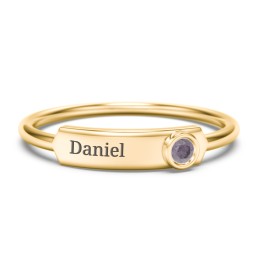 Engravable Bar Ring with Birthstone in 10K Solid Yellow Gold with Alexandrite