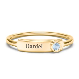 Engravable Bar Ring with Birthstone in 10K Solid Yellow Gold with Blue Topaz