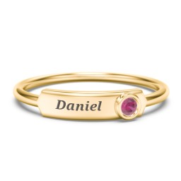 Engravable Bar Ring with Birthstone in 10K Solid Yellow Gold with Ruby