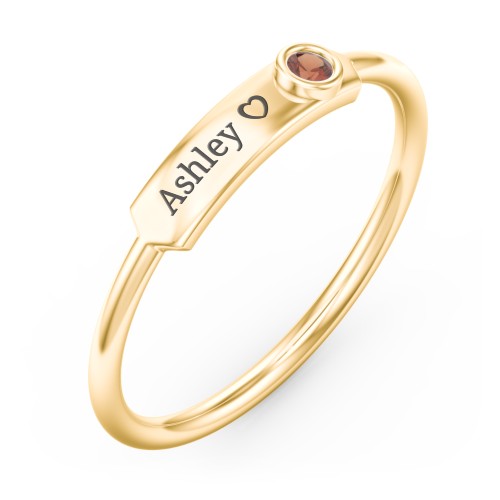 Engravable Bar Ring with Birthstone – 10K Yellow Gold with Garnet