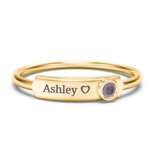 Engravable Bar Ring with Birthstone – 10K Yellow Gold with Alexandrite