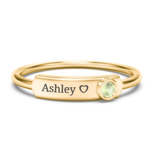 Engravable Bar Ring with Birthstone – 10K Yellow Gold with Peridot