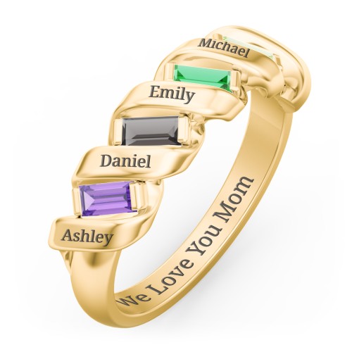 Spiral Baguette Ring – 10K Yellow Gold with Amethyst, Smokey Quartz, Emerald, and Peridot