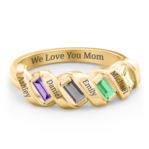 Spiral Baguette Ring – 10K Yellow Gold with Amethyst, Smokey Quartz, Emerald, and Peridot