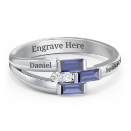 Engravable 3 Baguette Gemstone Ring with Accents in 925 Sterling Silver with Blue Sapphire and White Premium Zirconia
