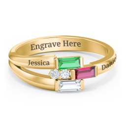 Engravable 3 Baguette Gemstone Ring with Accents in 10K Solid Yellow Gold with Emerald, Ruby, Cubic Zirconia, and White Premium Zirconia