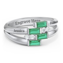 Engravable 4 Baguette Gemstone Ring with Accents in 925 Sterling Silver with Emerald and White Premium Zirconia