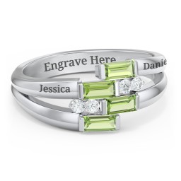 Engravable 4 Baguette Gemstone Ring with Accents in 925 Sterling Silver with Peridot and White Premium Zirconia