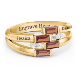 Engravable 4 Baguette Gemstone Ring with Accents in 10K Solid Yellow Gold with Garnet and White Premium Zirconia