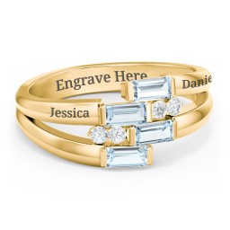 Engravable 4 Baguette Gemstone Ring with Accents in 10K Solid Yellow Gold with Aquamarine and White Premium Zirconia