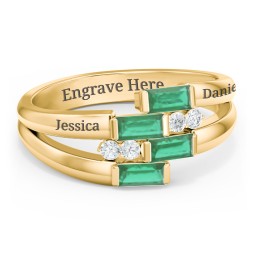 Engravable 4 Baguette Gemstone Ring with Accents in 10K Solid Yellow Gold with Emerald and White Premium Zirconia