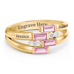 Engravable 4 Baguette Gemstone Ring with Accents in 10K Solid Yellow Gold with Pink Tourmaline and White Premium Zirconia