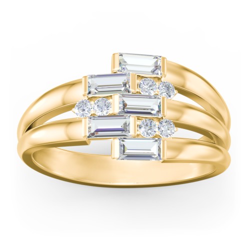 Engravable 5 Baguette Gemstone Ring with Accents – 10K Yellow Gold with Cubic Zirconia and White Premium Zirconia