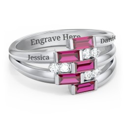 Engravable 5 Baguette Gemstone Ring with Accents in 925 Sterling Silver with Ruby and White Premium Zirconia