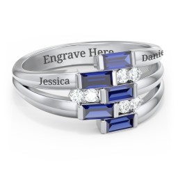 Engravable 5 Baguette Gemstone Ring with Accents in 925 Sterling Silver with Blue Sapphire and White Premium Zirconia