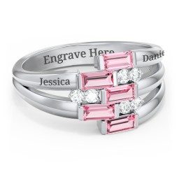 Engravable 5 Baguette Gemstone Ring with Accents in 925 Sterling Silver with Pink Tourmaline and White Premium Zirconia