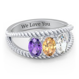 Oval Birthstone Ring with Twisted Rope Band in 925 Sterling Silver with Amethyst, Citrine, Cubic Zirconia, and Aquamarine