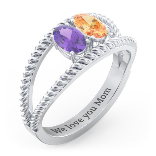 Oval Birthstone Ring with Twisted Rope Band – Sterling Silver with Amethyst and Citrine