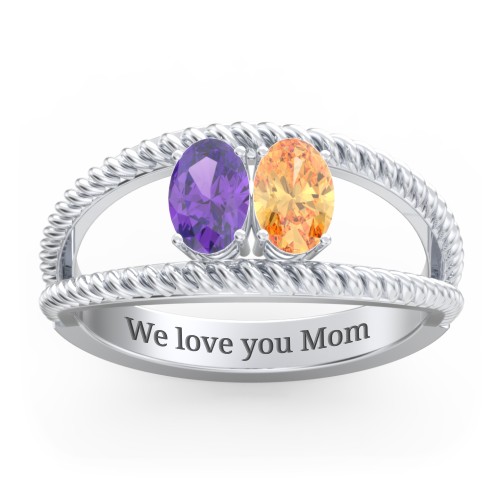 Oval Birthstone Ring with Twisted Rope Band – Sterling Silver with Amethyst and Citrine