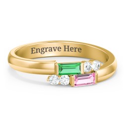 Engravable Baguette Gemstone Ring with Accents in 14K Solid Yellow Gold with Emerald, Pink Tourmaline, and White Premium Zirconia