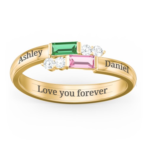 Engravable Baguette Gemstone Ring with Accents – 14K Yellow Gold with Emerald, Pink Tourmaline, and White Premium Zirconia