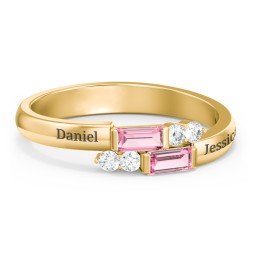 Engravable Baguette Gemstone Ring with Accents in 18K Gold Plated Silver with Pink Tourmaline and White Premium Zirconia