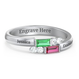 Engravable Baguette Gemstone Ring with Accents in 925 Sterling Silver with Emerald, Ruby, and White Premium Zirconia