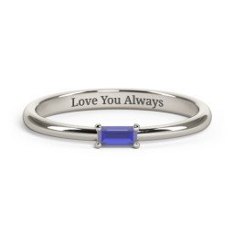 Engravable Baguette Ring with East-West Setting in 10K Solid White Gold with Blue Sapphire