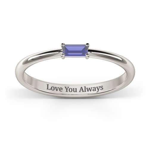 Engravable Baguette Ring with East-West Setting – 10K White Gold with Blue Sapphire