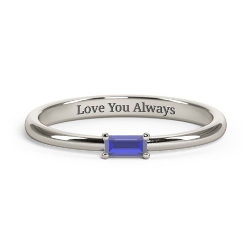 Engravable Baguette Ring with East-West Setting – 10K White Gold with Blue Sapphire