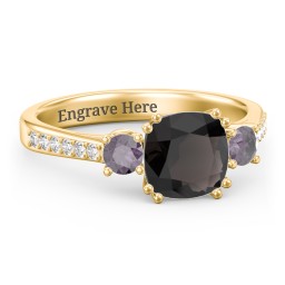 3 Stone Cushion Cut Duchess Ring with Accents in 18K Gold Plated Silver with Smokey Quartz, Alexandrite, and White Premium Zirconia