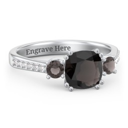 3 Stone Cushion Cut Duchess Ring with Accents in 925 Sterling Silver with Smokey Quartz and White Premium Zirconia
