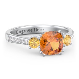 3 Stone Cushion Cut Duchess Ring with Accents in 925 Sterling Silver with Citrine and White Premium Zirconia