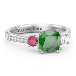 3 Stone Cushion Cut Duchess Ring with Accents in 925 Sterling Silver with Green Premium Zirconia, Ruby, Cubic Zirconia, and White Premium Zirconia