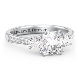 3 Stone Cushion Cut Duchess Ring with Accents in 925 Sterling Silver with White Premium Zirconia