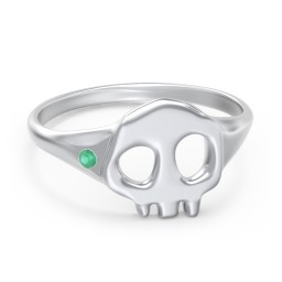 Women's Skull Signet Ring with Accent Stone in 925 Sterling Silver with Emerald