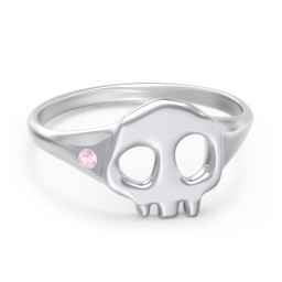 Women's Skull Signet Ring with Accent Stone in 925 Sterling Silver with Pink Tourmaline