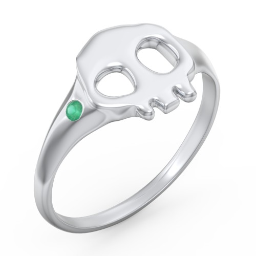 Women's Skull Signet Ring with Accent Stone – Sterling Silver with Emerald