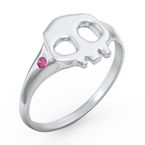 Women's Skull Signet Ring with Accent Stone – Sterling Silver with Ruby