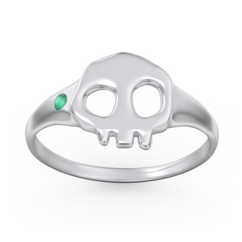 Women's Skull Signet Ring with Accent Stone – Sterling Silver with Emerald