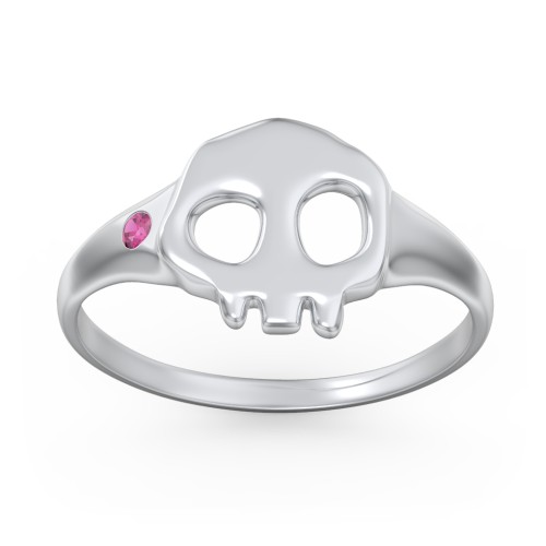 Women's Skull Signet Ring with Accent Stone – Sterling Silver with Ruby