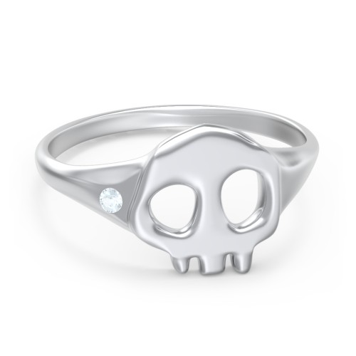 Women's Skull Signet Ring with Accent Stone – Sterling Silver with Aquamarine