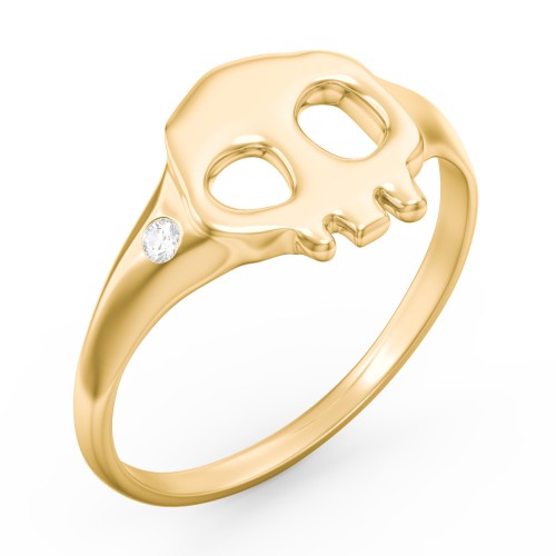 Women's Skull Signet Ring with Accent Stone – 10K Yellow Gold with Cubic Zirconia