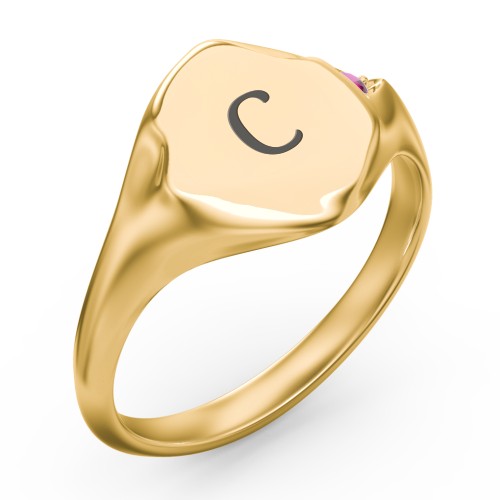 Women's Abstract Signet Ring with Accent Stone – 18K Gold Plated Silver with Ruby