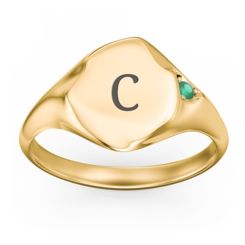 Women's Abstract Signet Ring with Accent Stone – 18K Gold Plated Silver with Emerald