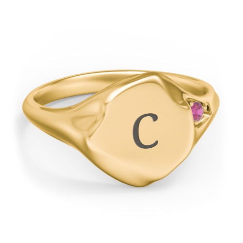 Women's Abstract Signet Ring with Accent Stone – 18K Gold Plated Silver with Ruby