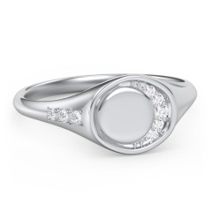 Engravable Crescent Moon and Stars Signet Ring with Accents – Sterling Silver with White Premium Zirconia