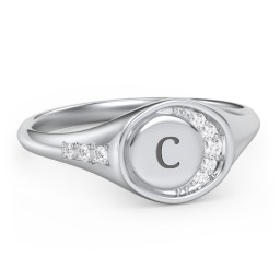Engravable Crescent Moon and Stars Signet Ring with Accents in 925 Sterling Silver with White Premium Zirconia