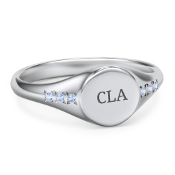 Women's Small Round Signet Ring with Accent Stones in 925 Sterling Silver with Fancy Blue Premium Zirconia