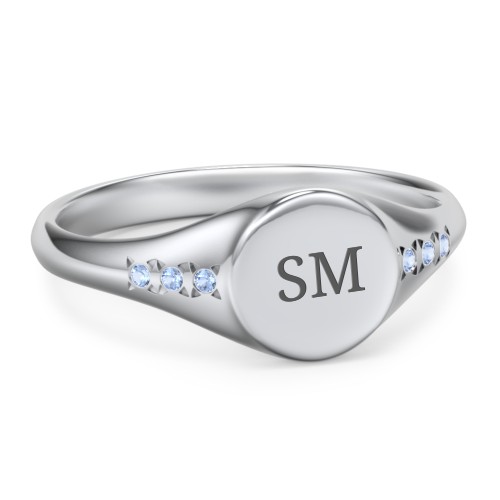 Women's Small Round Signet Ring with Accent Stones – Sterling Silver with Fancy Blue Premium Zirconia